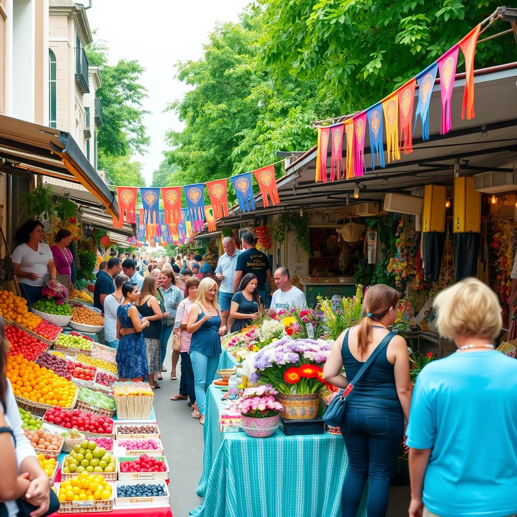 A lively outdoor scene at a bustling street market during the day, filled with various stalls selling colorful fruits, fresh flowers, and artisanal crafts
