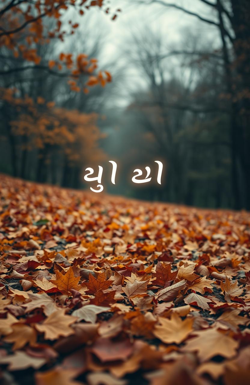 A melancholic book cover design featuring a landscape strewn with autumn leaves in various shades of orange, red, and yellow