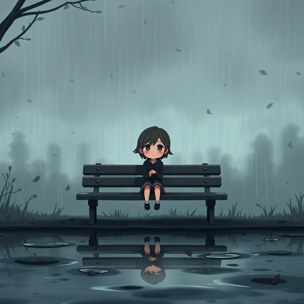 A poignant and melancholic animated scene intended for Facebook, featuring a lonely character sitting on a bench under a rainy sky