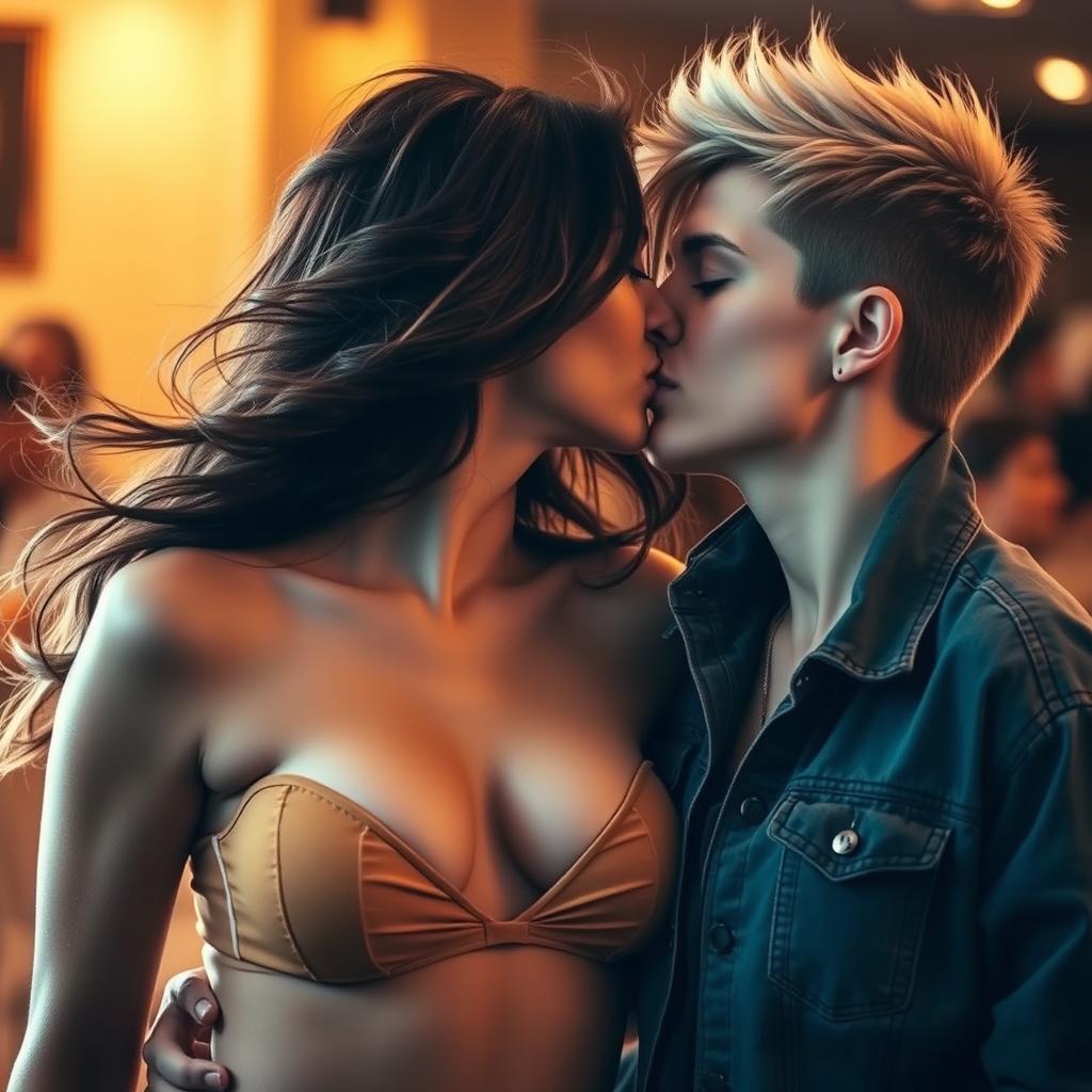 A beautiful, feminine woman wearing a low-cut top passionately kissing a tomboyish lesbian woman