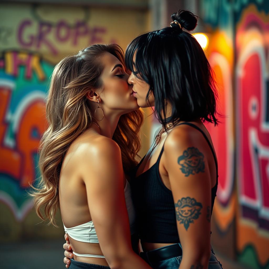 A beautiful and feminine woman with a stylish low-cut top, sharing a passionate kiss with a chic tomboy lesbian