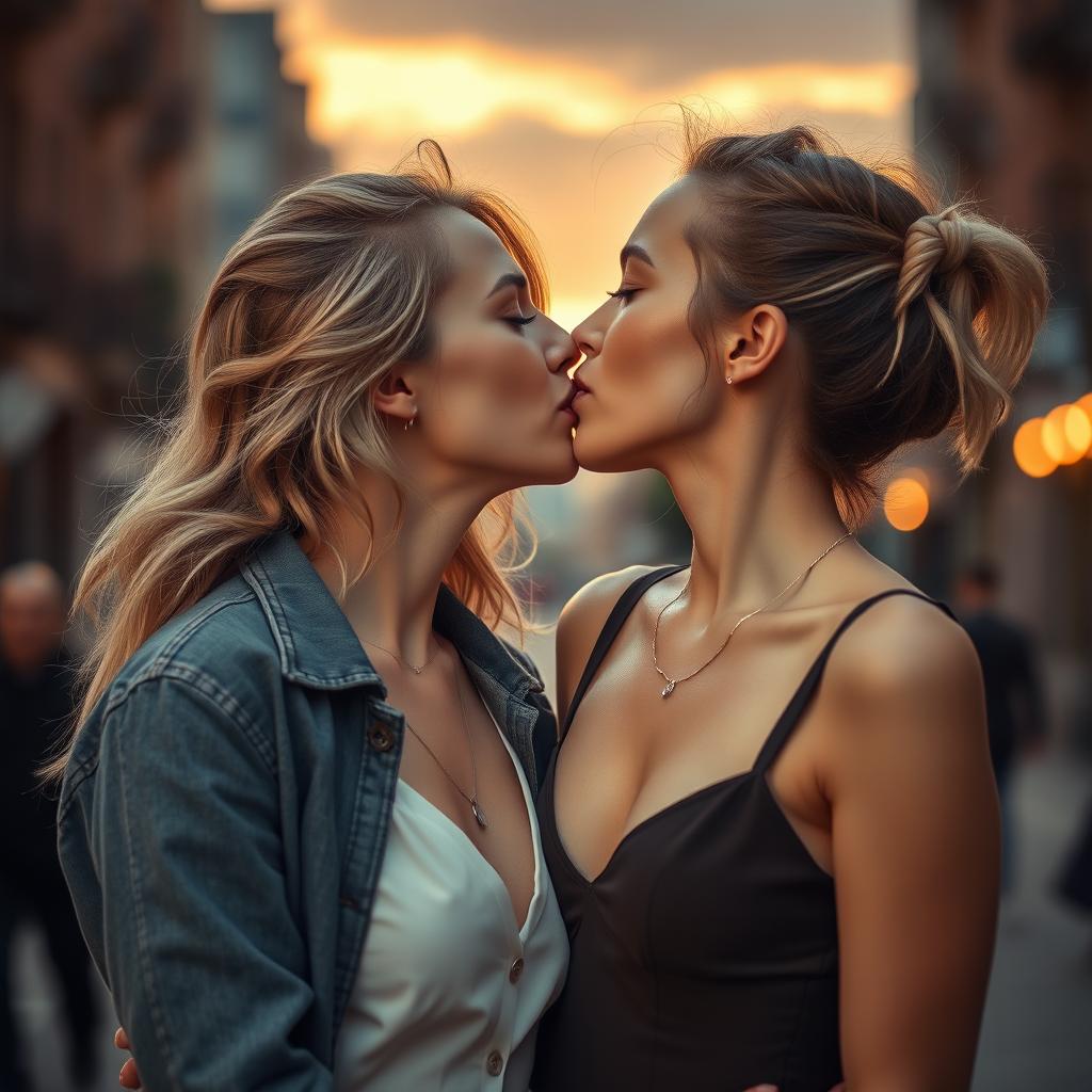 A beautiful and feminine woman with a deep neckline is passionately kissing a tomboyish lesbian woman