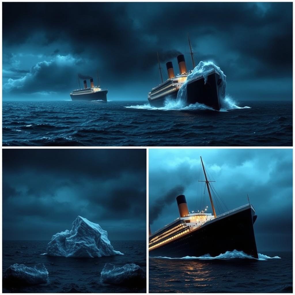 A dramatic depiction of the Titanic sailing across a stormy sea, moments before it collides with an imposing iceberg