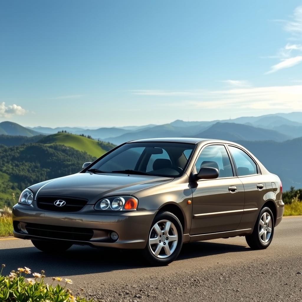 A sleek 2002 Hyundai Accent Prime in a stunning grafito (graphite) color, parked on a scenic mountain road with a panoramic view of lush green hills and a clear blue sky