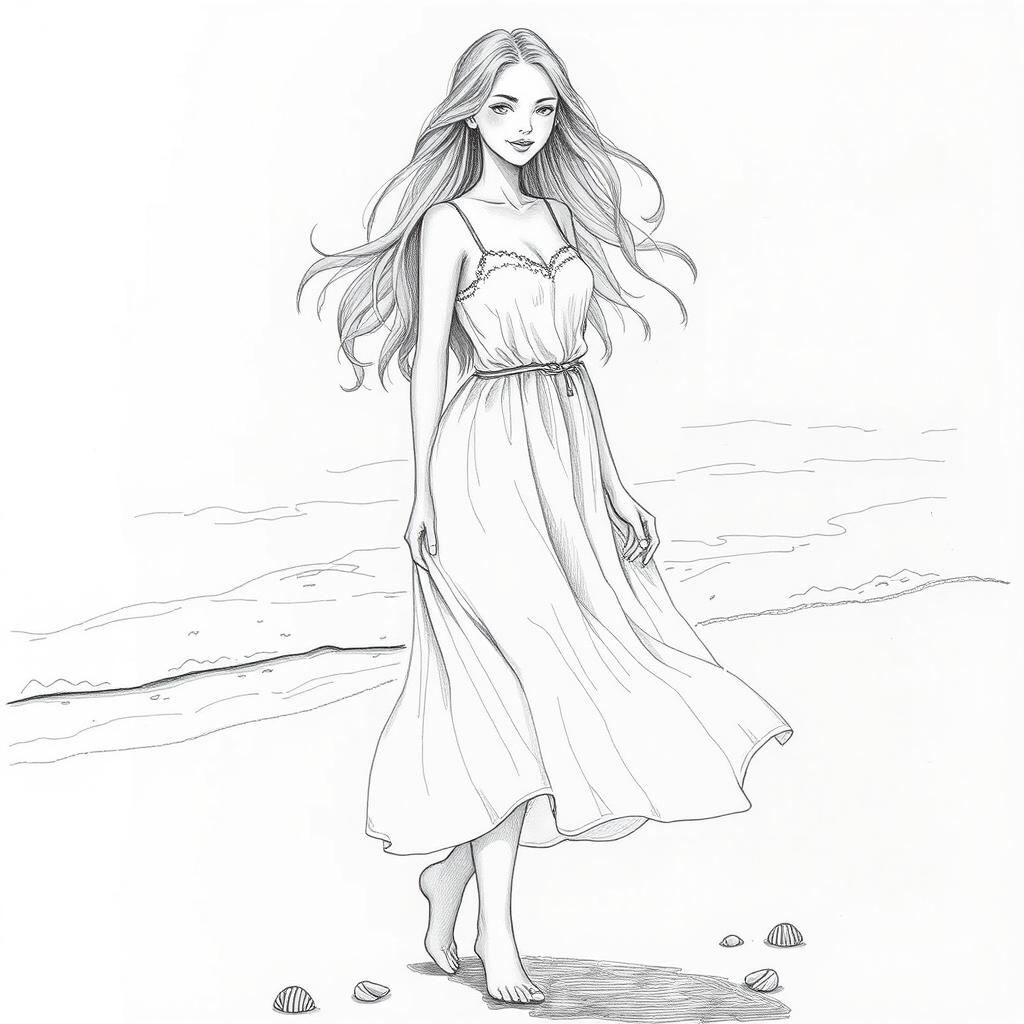 A detailed pencil sketch illustration of a beautiful lady gracefully standing beside the beach