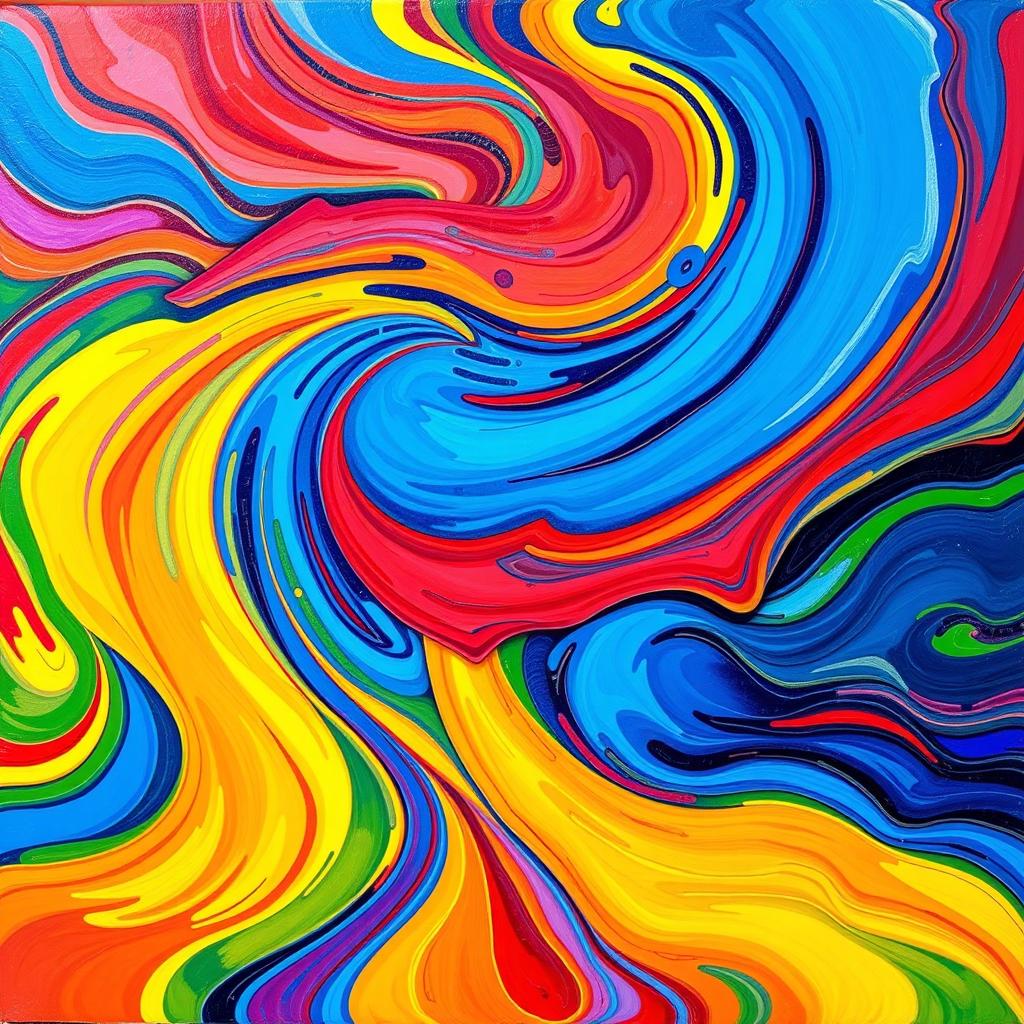 A vibrant and colorful abstract painting featuring dynamic, swirling shapes in rich hues of blue, red, yellow, and green