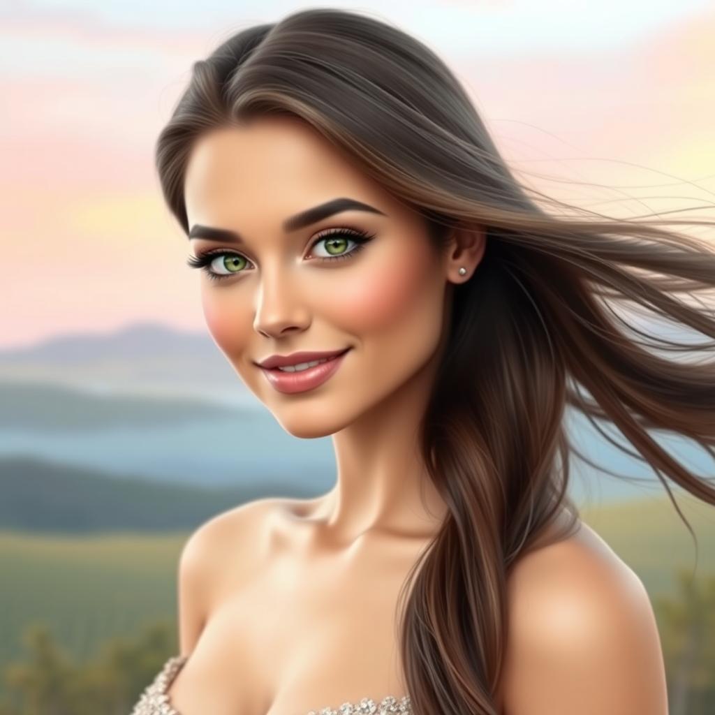 A portrait of an elegant woman with an alluring smile, featuring a smaller nose, with long flowing hair that cascades down her shoulders