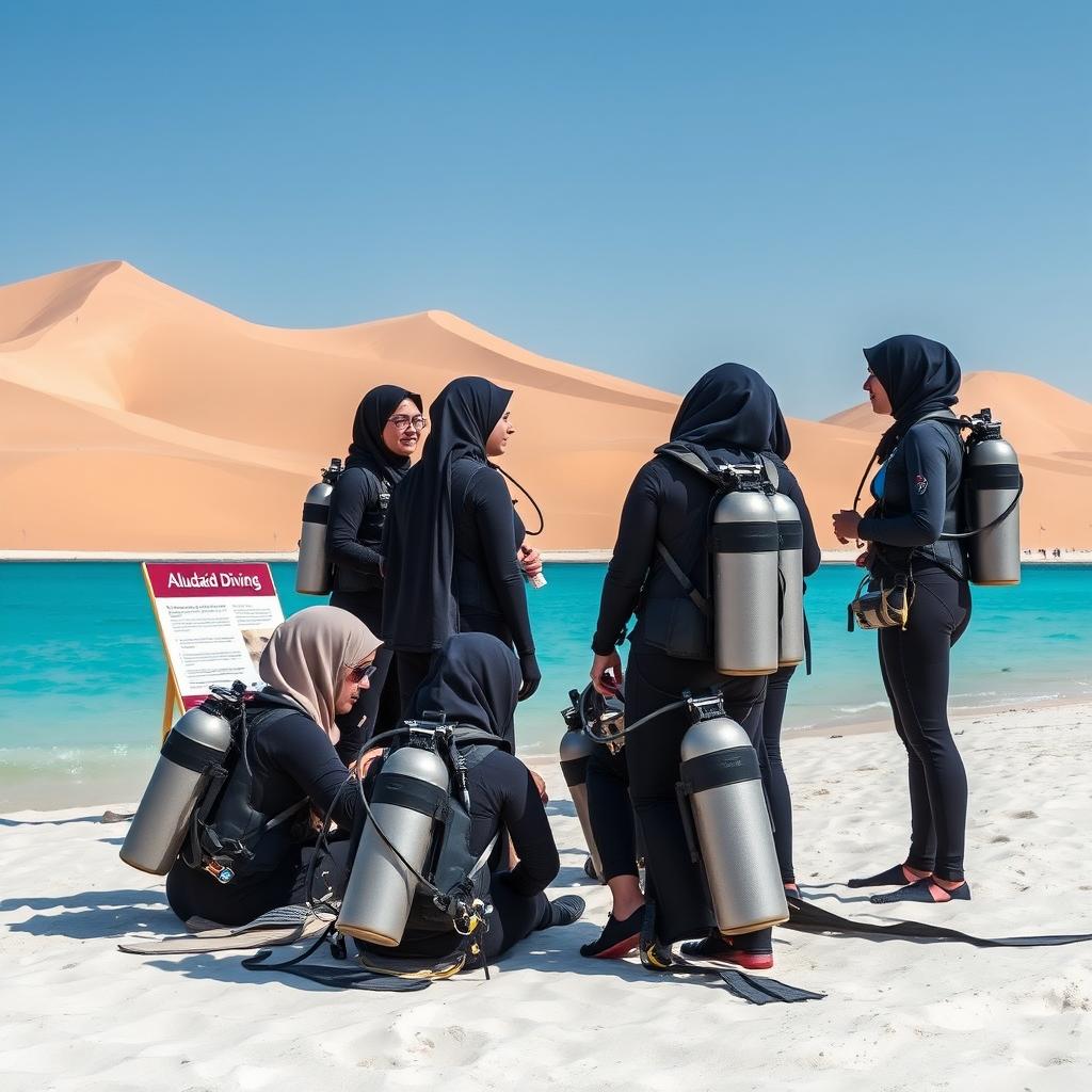 A realistic photo depicting a group of ladies scuba divers on Sealine Beach in Qatar