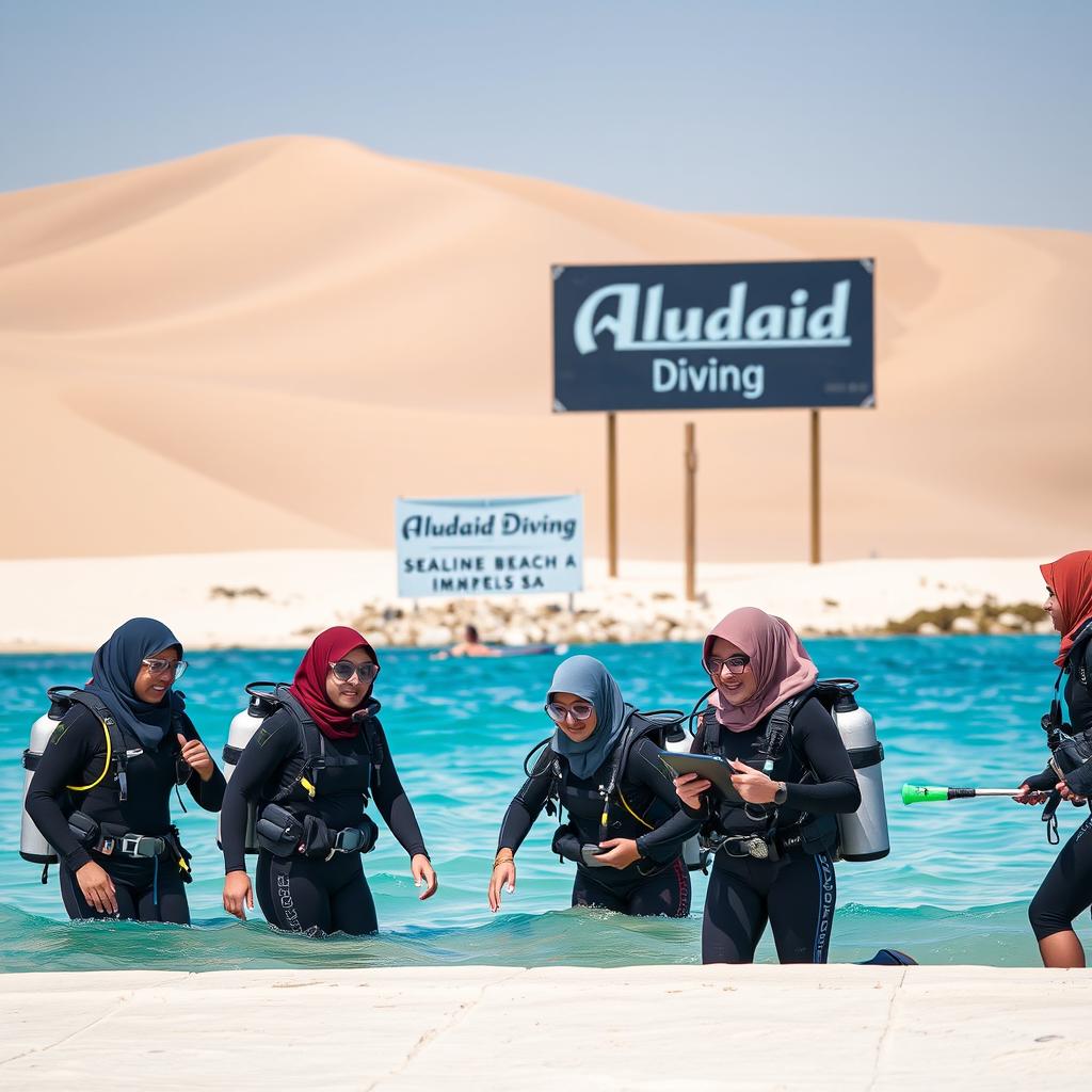 A realistic photo of several ladies scuba divers at Sealine Beach in Qatar, wearing scuba diving equipment, with some adorned in hijabs