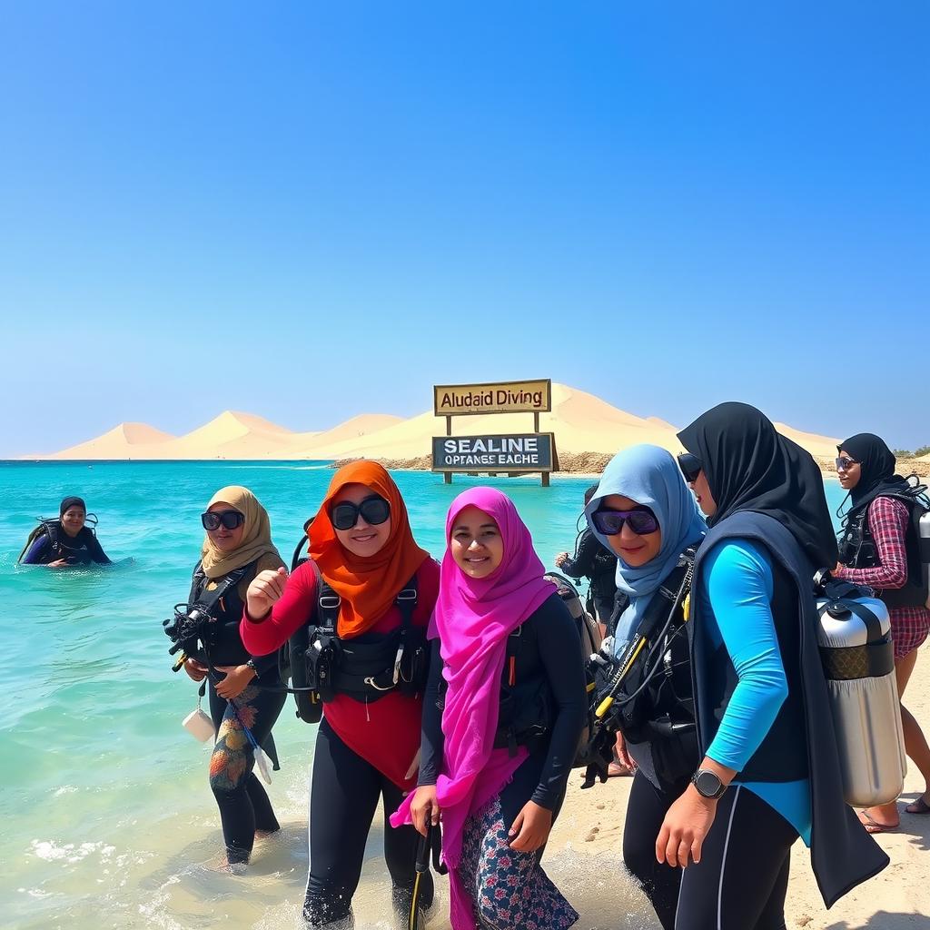 A realistic scene depicting a diverse group of female scuba divers at Sealine Beach in Qatar
