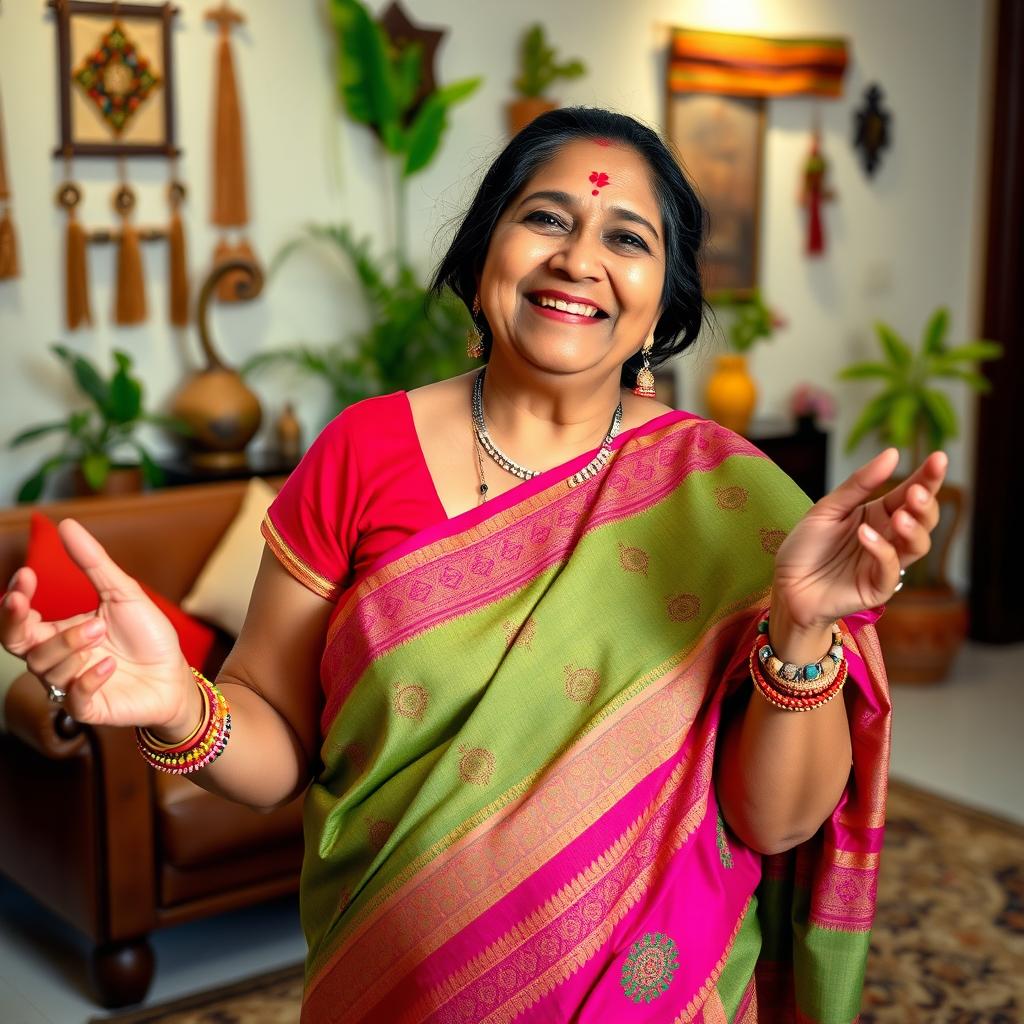 A charming Indian aunty, wearing a colorful traditional saree, with intricate patterns and vibrant colors