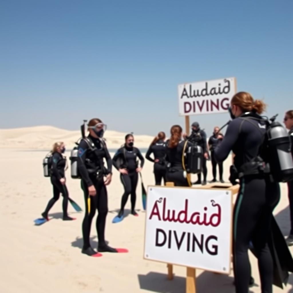 A realistic photo capturing a group of female scuba divers preparing to enter the sea at Sealine Beach in Qatar