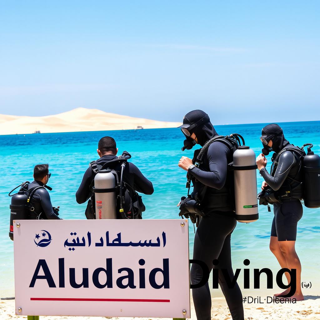 A realistic photo of a group of scuba divers wearing full diving equipment, preparing to enter the clear blue waters of Sealine Beach in Qatar