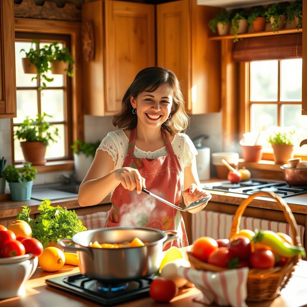A charming and heartwarming scene of a joyful mother cooking in a cozy kitchen, surrounded by fresh ingredients, with sunlight streaming through the window