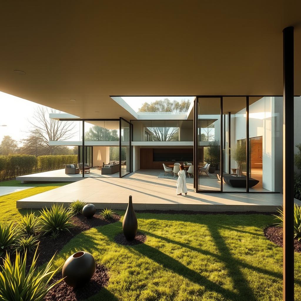A sleek modernist home, featuring large glass windows and a minimalist design