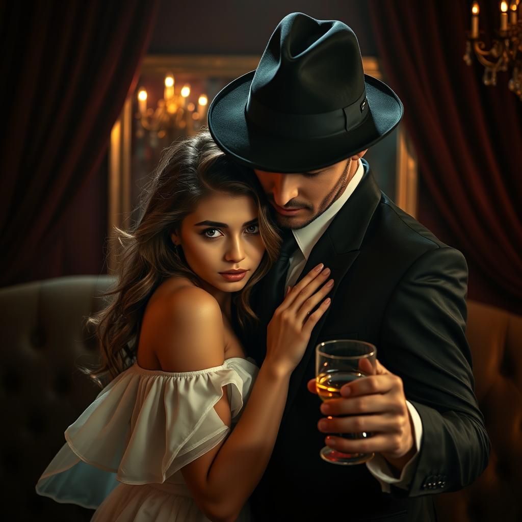 A beautiful young woman with an innocent expression, caught in a cozy embrace with a mysterious man dressed as a mafia member