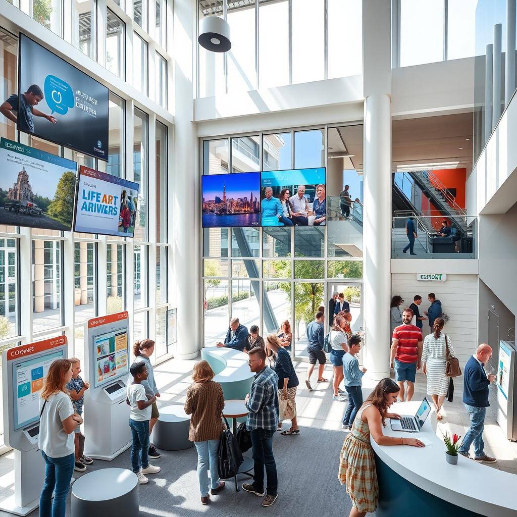 A sleek and modern information center interior, featuring high-tech displays and seating areas designed for public interaction