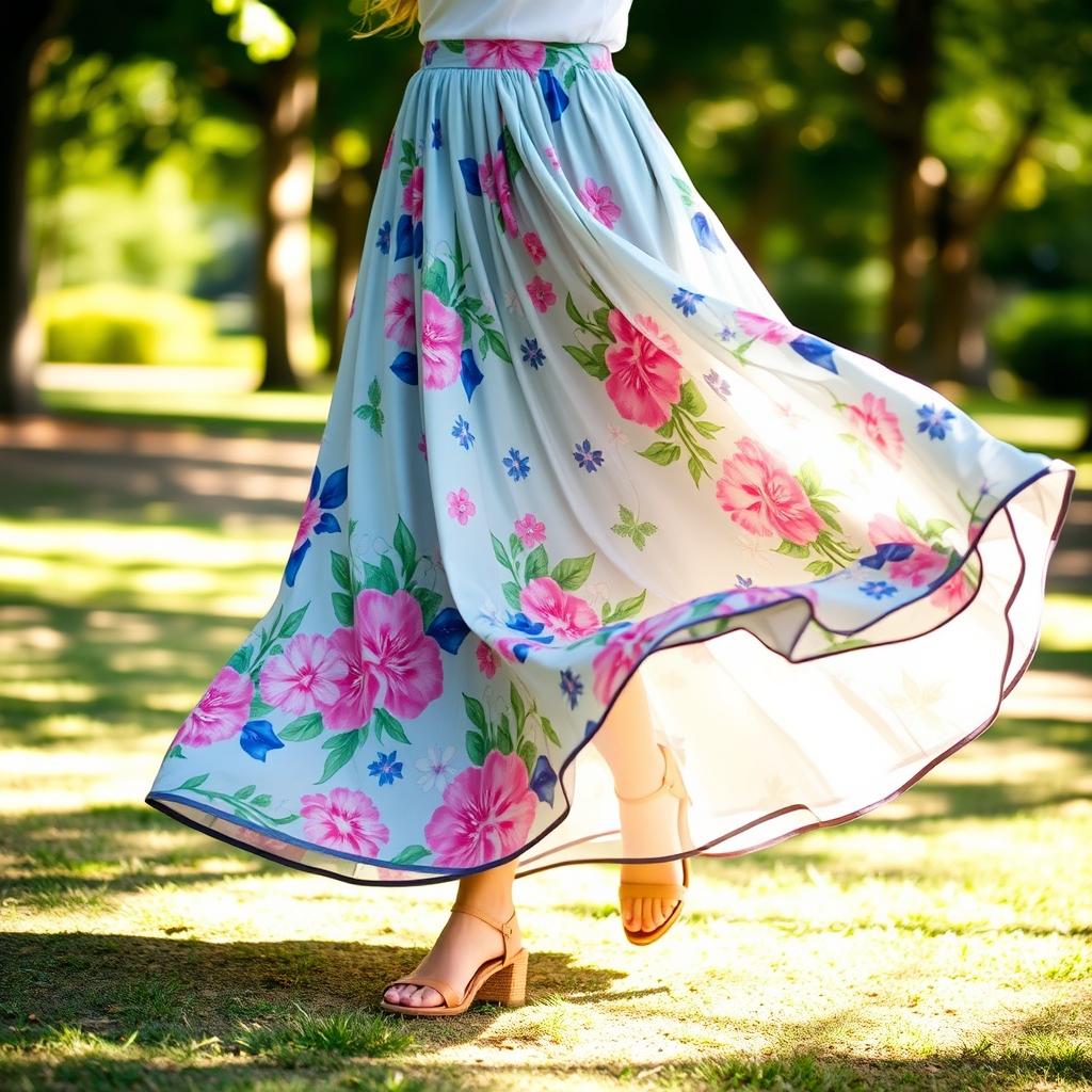 A stylish long skirt, flowing and elegant, made of light fabric that drapes beautifully