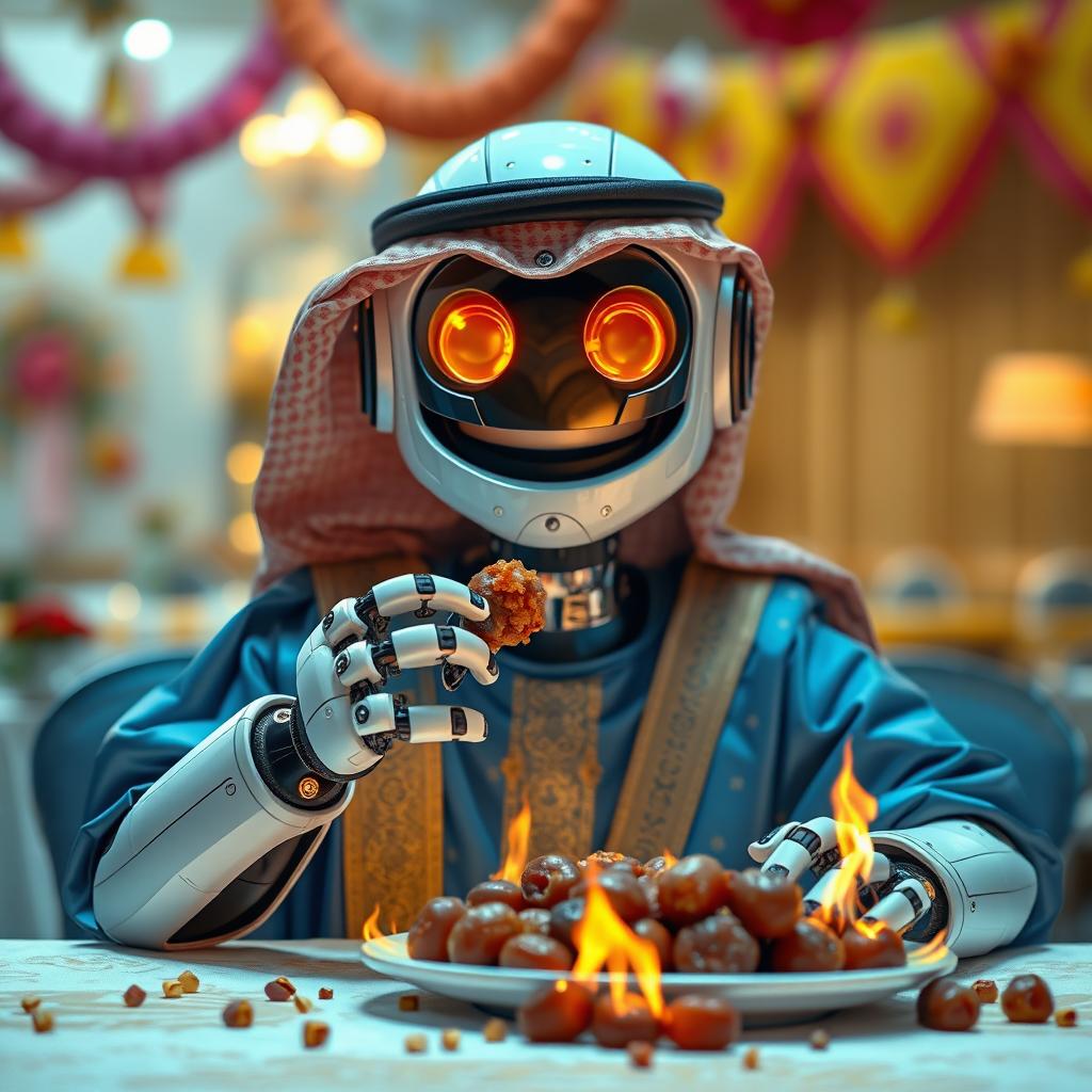 A futuristic robot wearing traditional Saudi clothing, intricately detailed with vibrant colors