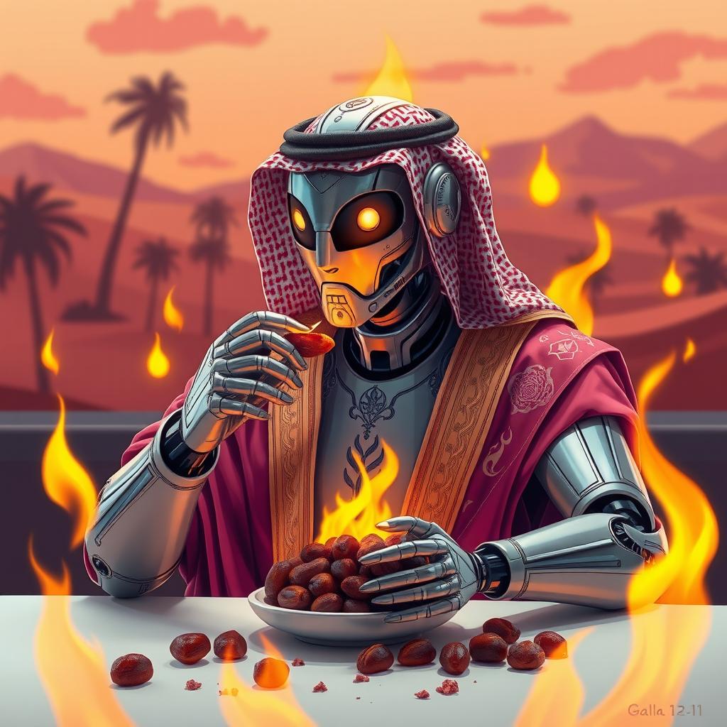 A futuristic robot dressed in traditional Saudi attire, elegantly designed with intricate patterns and details, seated at a table, eating crushed dates