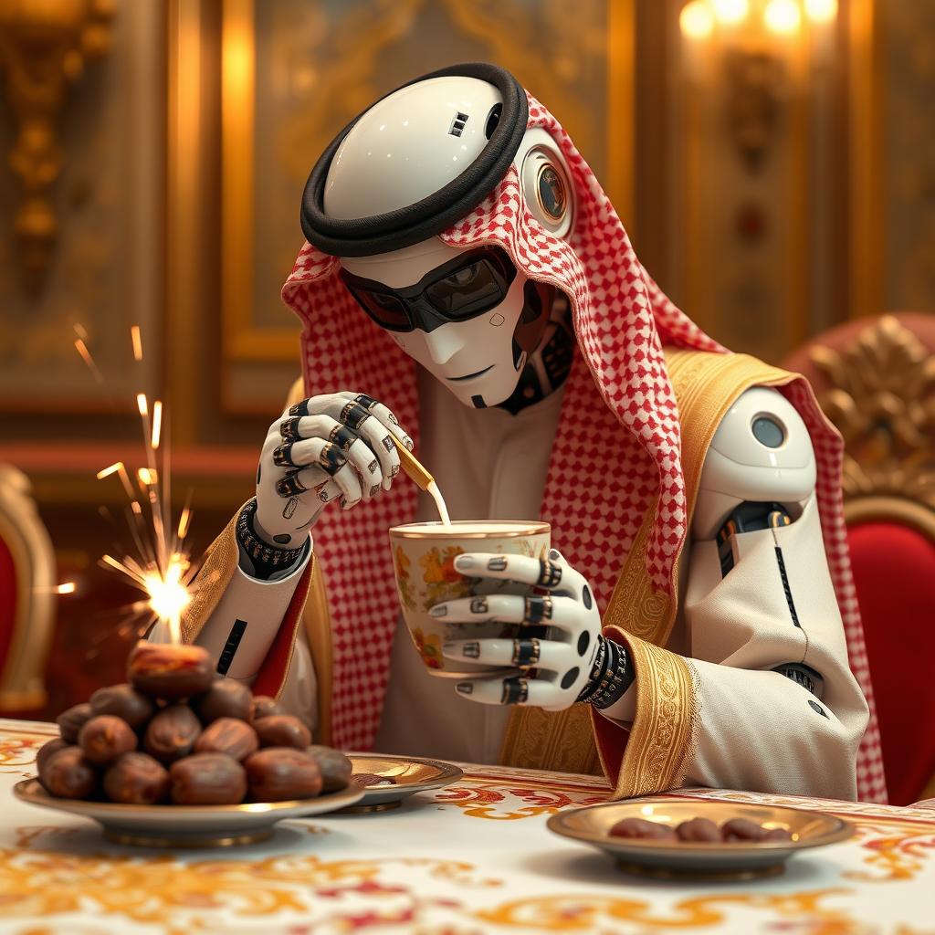 A robot dressed in traditional Saudi attire, elegantly designed with intricate patterns, sitting at a lavish table