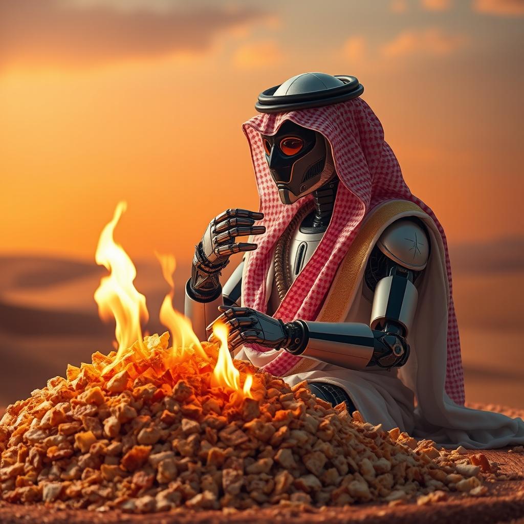 A robot wearing traditional Saudi attire, sitting amidst a pile of crushed bread, while eating from it