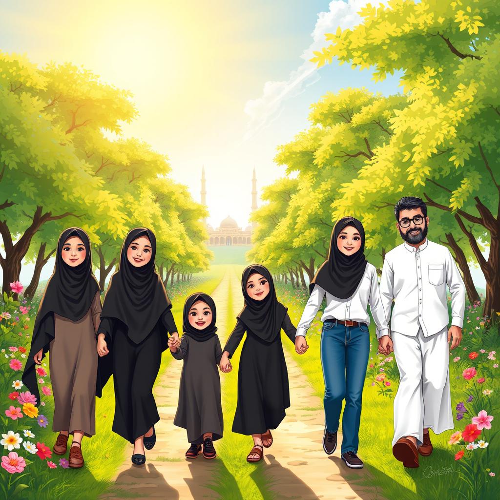 Five happy girls wearing hijabs and black veils, holding hands with their fathers as they walk on a vibrant, green and heavenly path