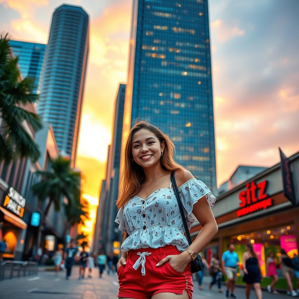 A vibrant urban landscape featuring a tall, modern skyscraper during sunset