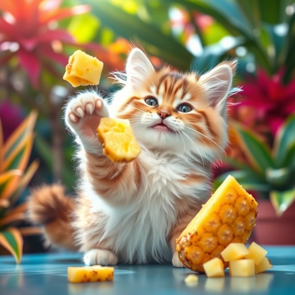 A cute, fluffy cat playfully eating a slice of pineapple