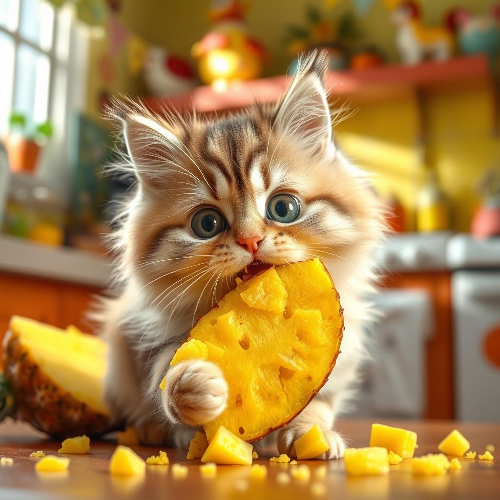 A cute fluffy cat happily eating a slice of pineapple, with bits of pineapple scattered around it, as if it had just thrown them away