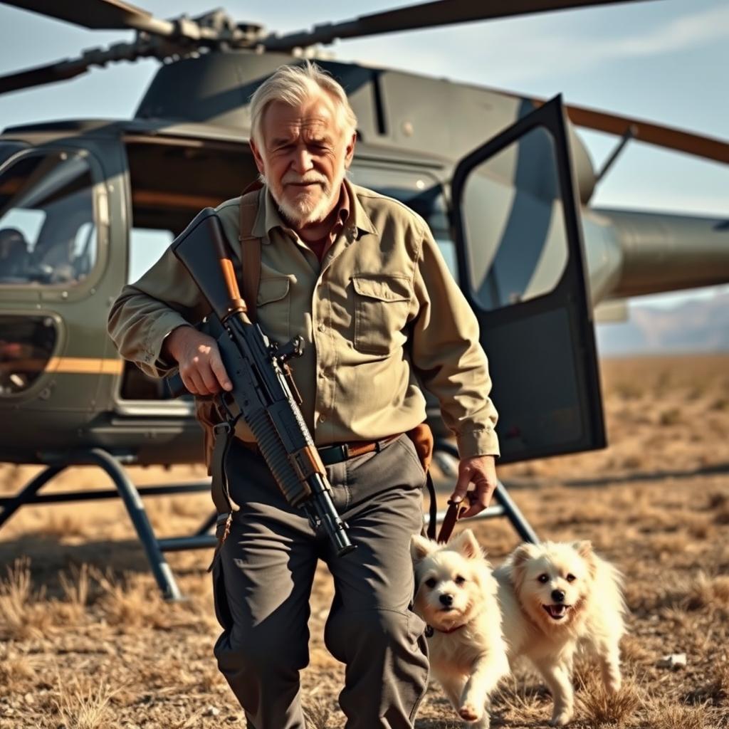 An old man leaving a helicopter, confidently holding an AK-47 in one hand