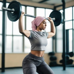 A girl in a hijab and gym wear, performing a weight lifting exercise. She is sweating, demonstrating effort and determination.