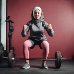 A girl in a hijab and gym wear, performing a weight lifting exercise. She is sweating, demonstrating effort and determination.