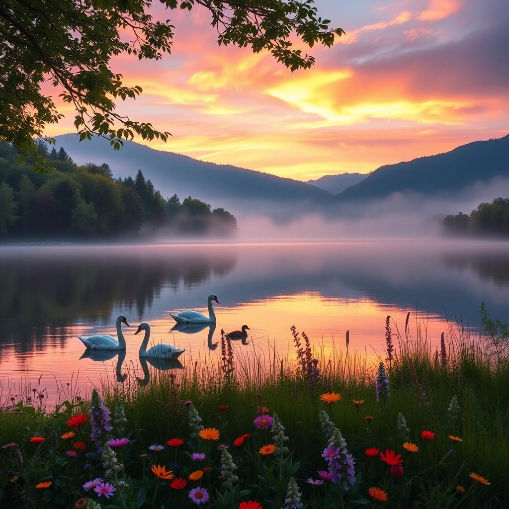 A serene landscape at dawn, featuring a tranquil lake surrounded by lush green trees and mountains in the background