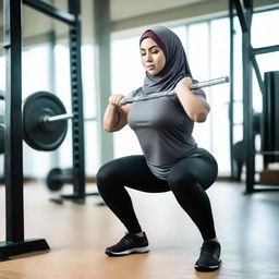 A girl in a hijab and gym wear, performing a weight lifting exercise. She is sweating, demonstrating effort and determination.