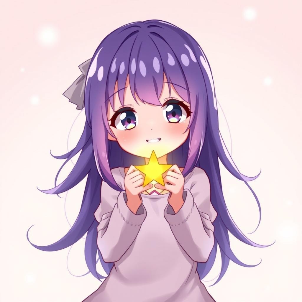 An anime girl with long, flowing purple hair, wearing a charming and simple outfit