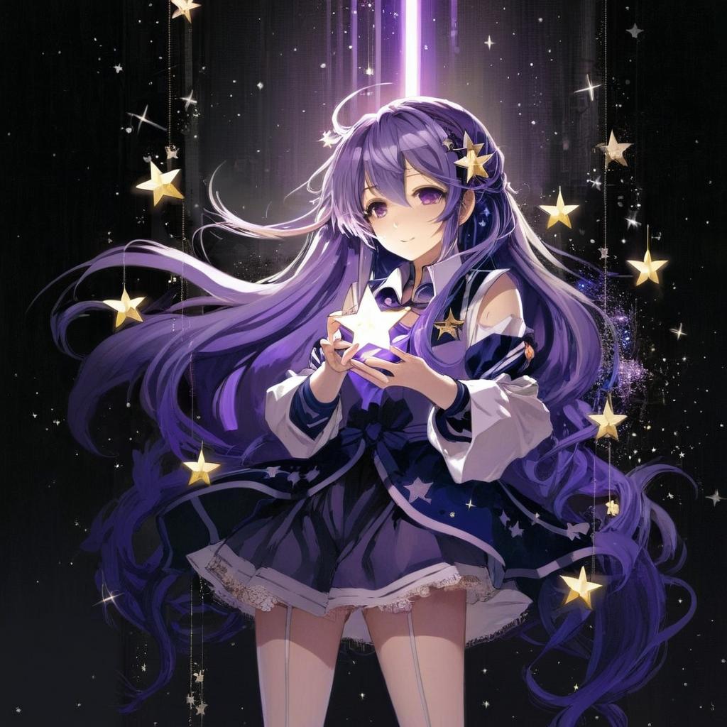 Anime girl purple hair holding a bright little star simple