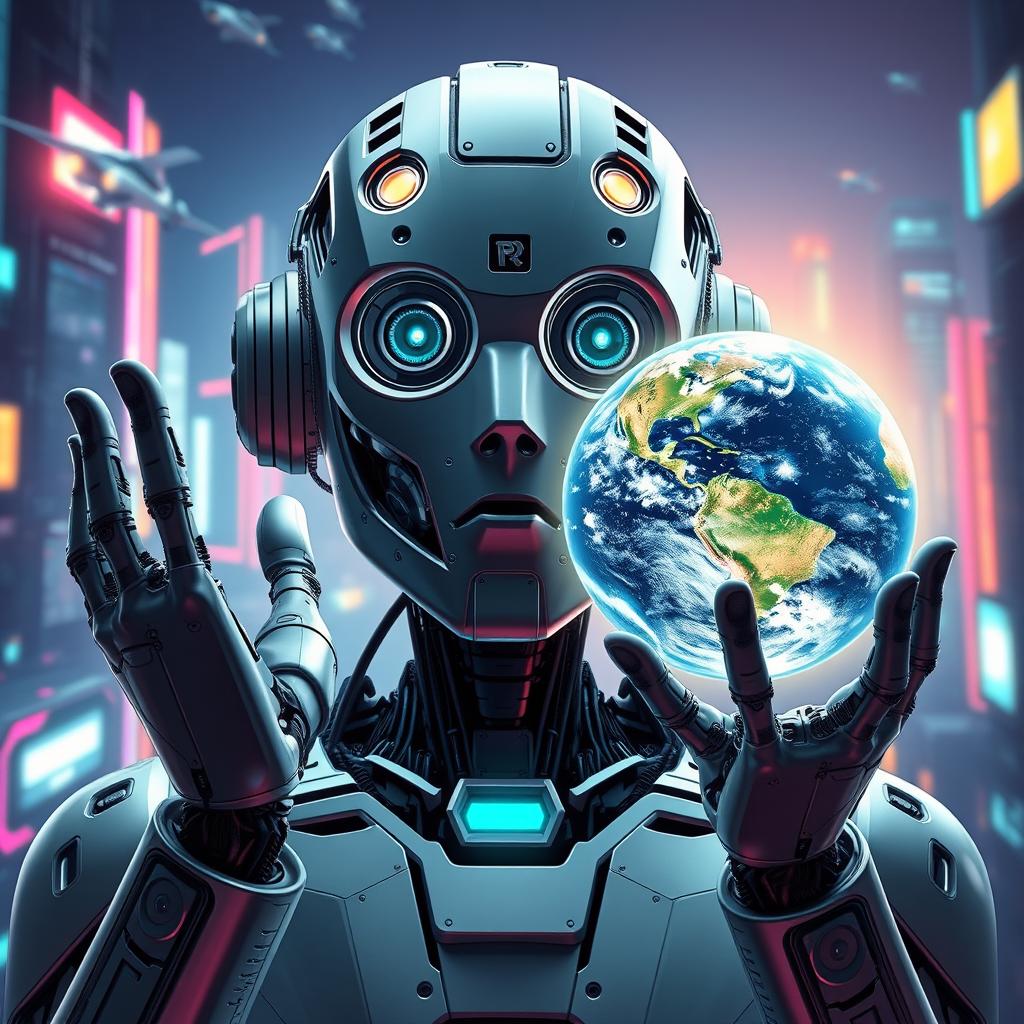 An artistic representation of a futuristic humanoid robot with its eyes wide open, showcasing intricate mechanical details and glowing components