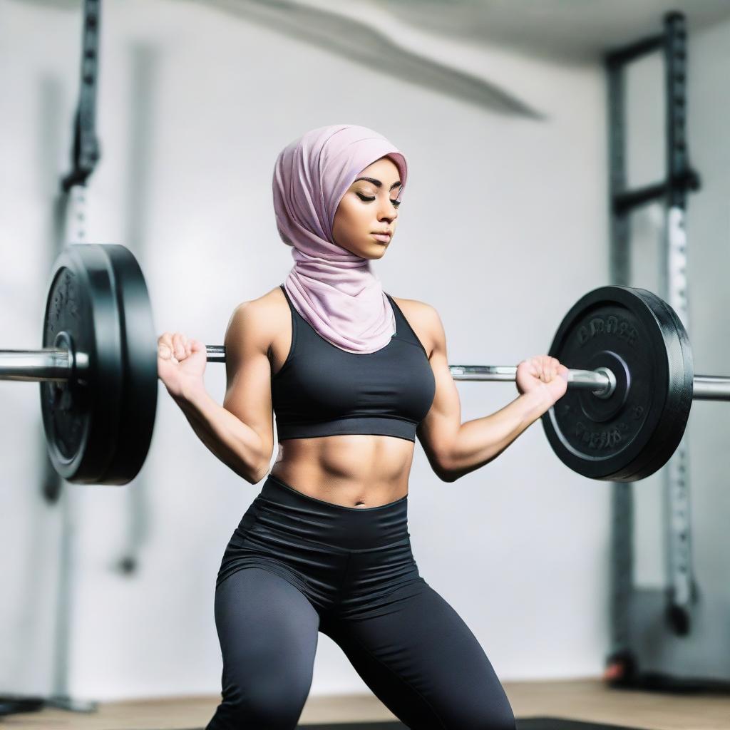 A girl in a hijab and gym wear, performing a weight lifting exercise. She is sweating, demonstrating effort and determination.