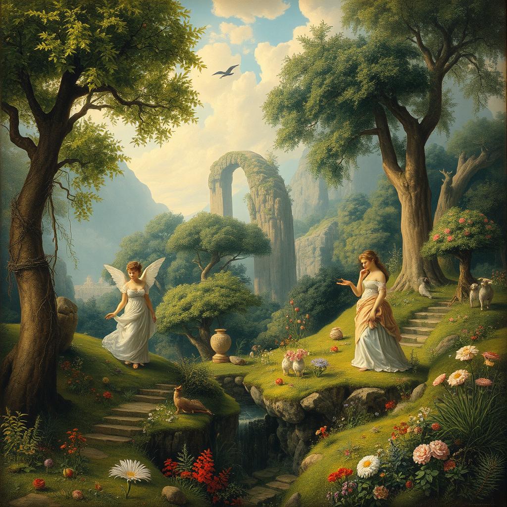 A beautiful fantasy landscape painted in the style of Gustave Moreau, featuring lush greenery, ethereal figures in classical attire, and intricate details of nature and myth