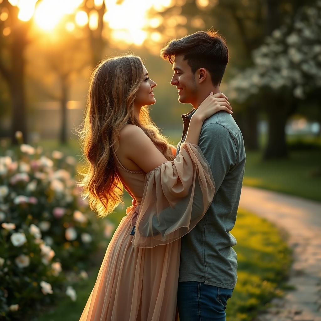 A romantic scene featuring a couple embracing in a serene park during sunset, with soft golden light filtering through the trees