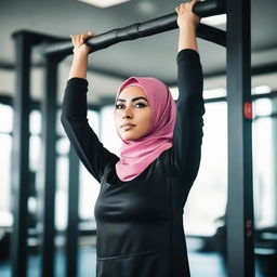 A strong and determined hijabi girl wearing athletic gym wear, in the middle of a powerful pull-up exercise at a well-equipped gym.