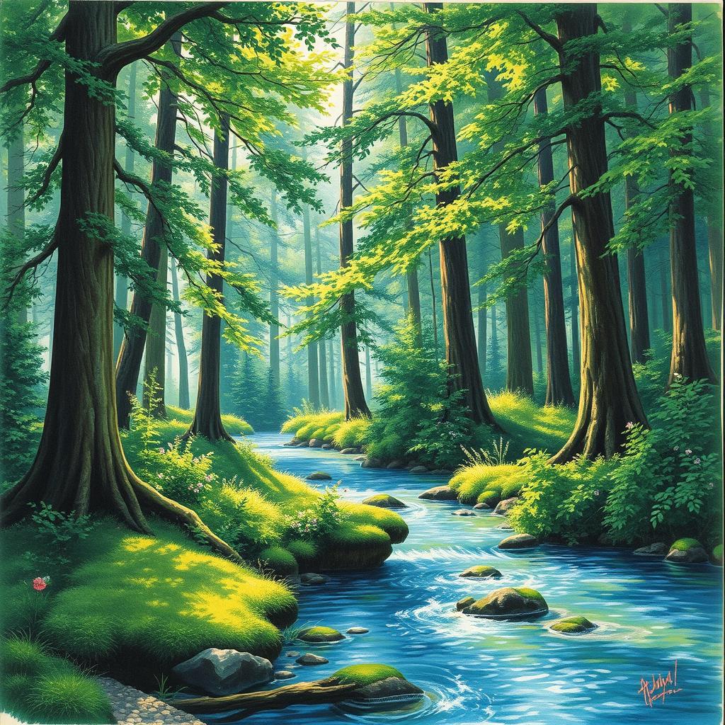 A highly detailed and realistic drawing of a serene forest scene, showcasing tall, lush green trees with sunlight filtering through the leaves, casting intricate shadows on the forest floor