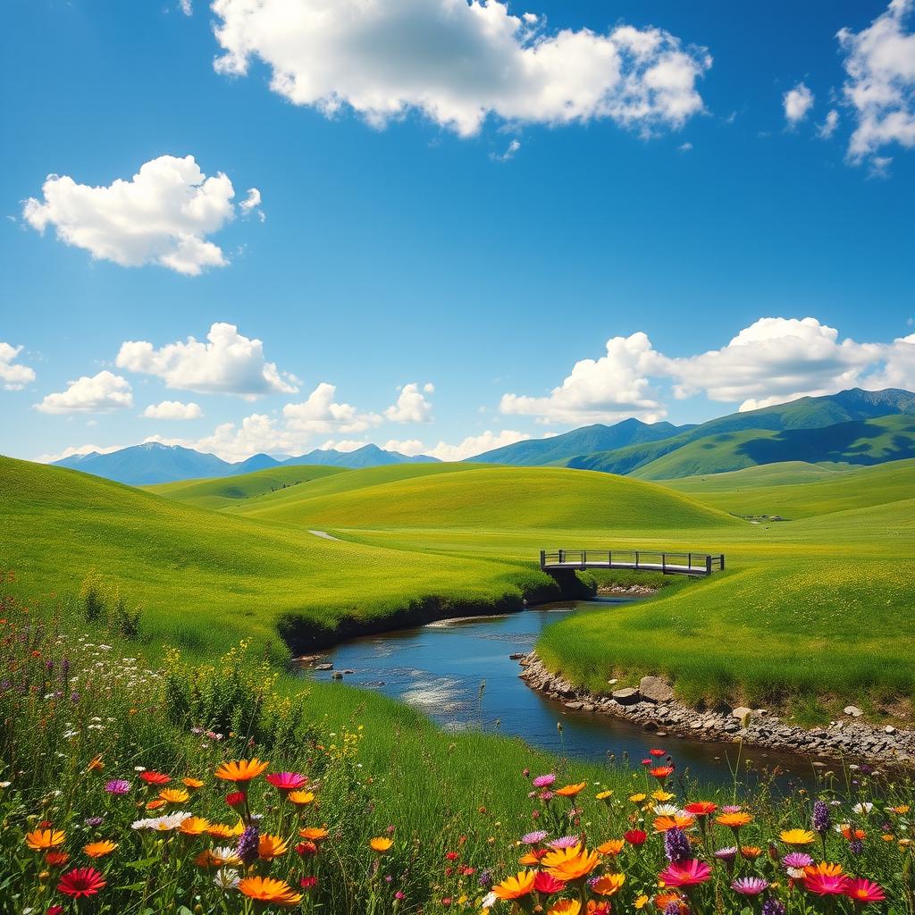 A beautiful, serene landscape featuring rolling hills under a clear blue sky, dotted with fluffy white clouds