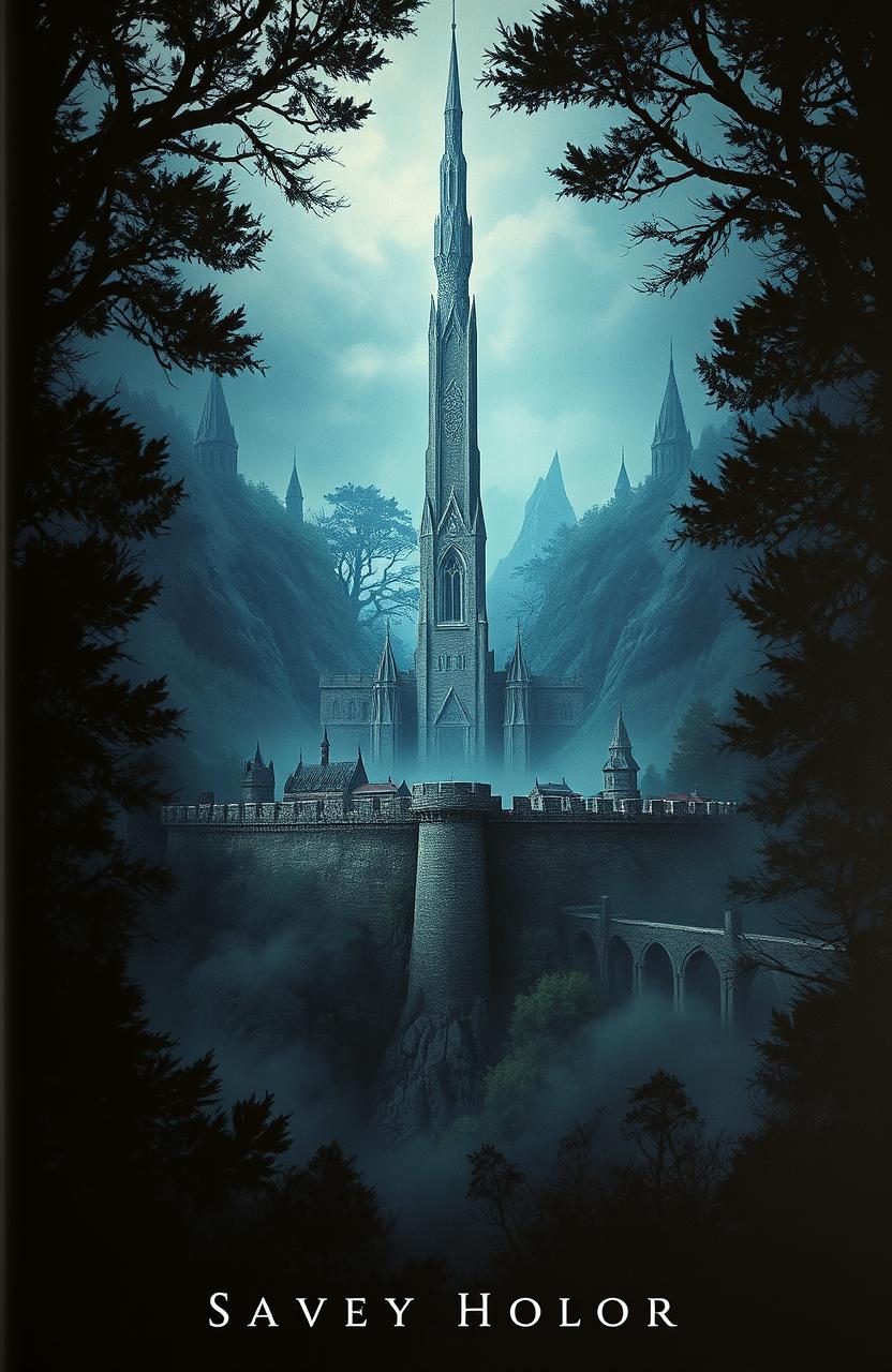A captivating fantasy book cover depicting a mysterious city surrounded by an imposing stone wall