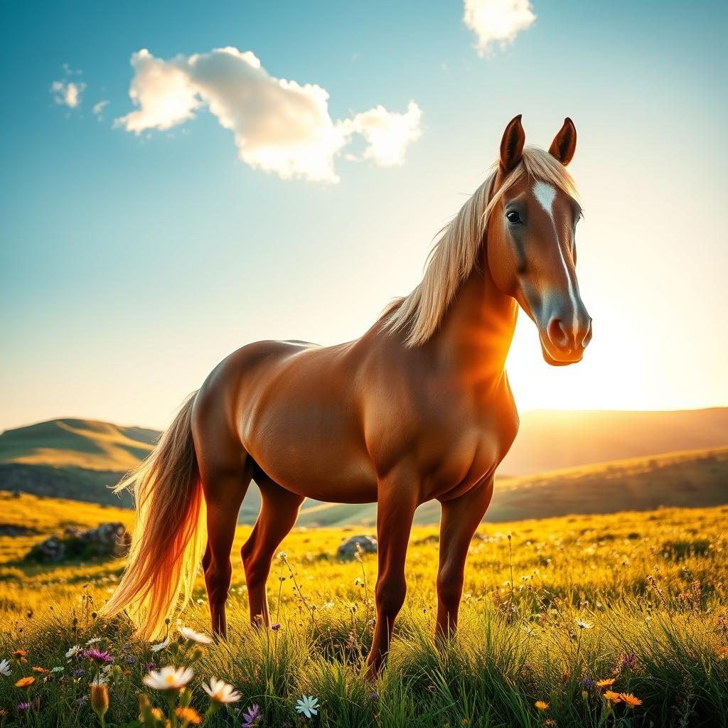 A stunning horse standing majestically in a lush green meadow during golden hour, surrounded by blooming wildflowers