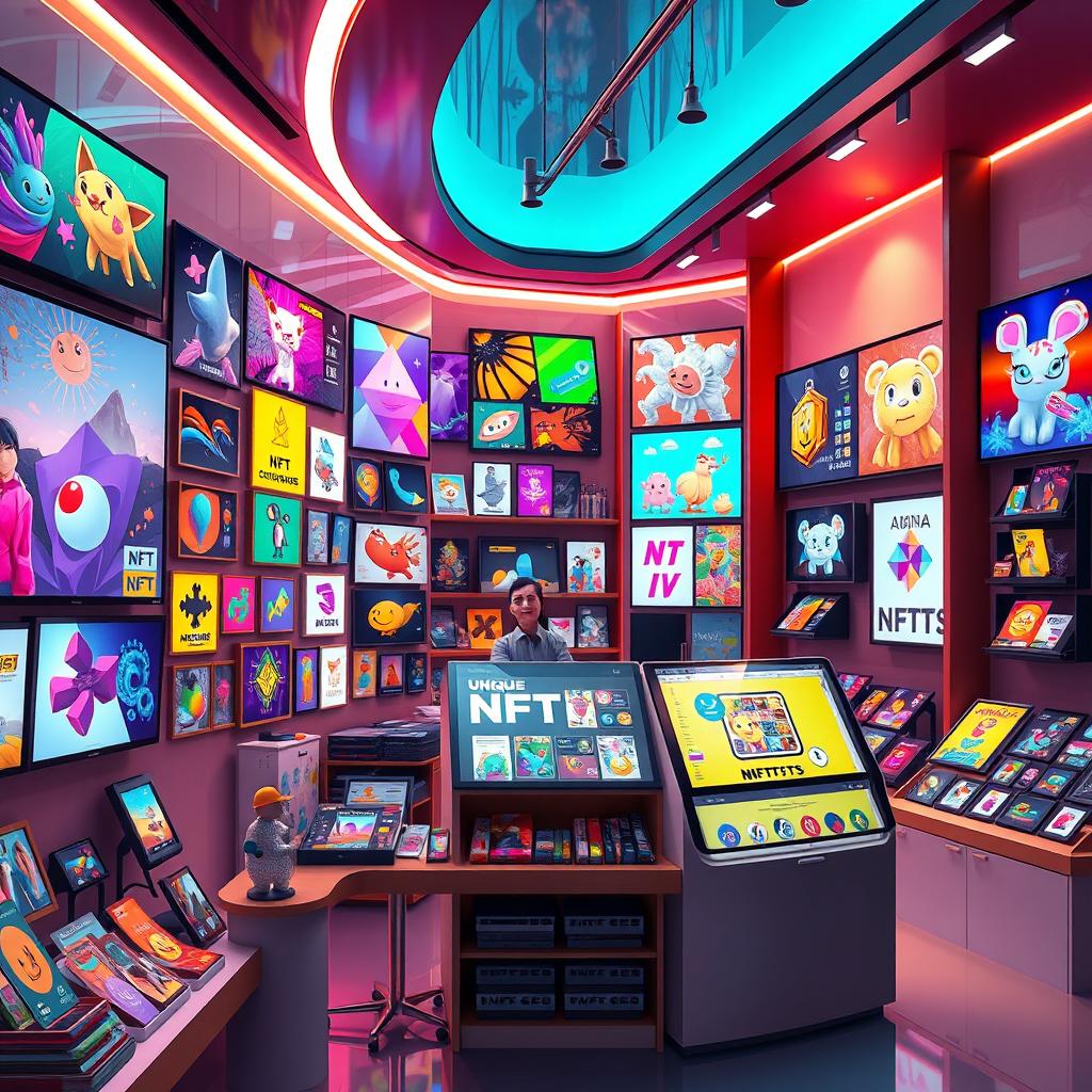 A modern digital art shop scene showcasing a vibrant variety of unique NFTs displayed on screens