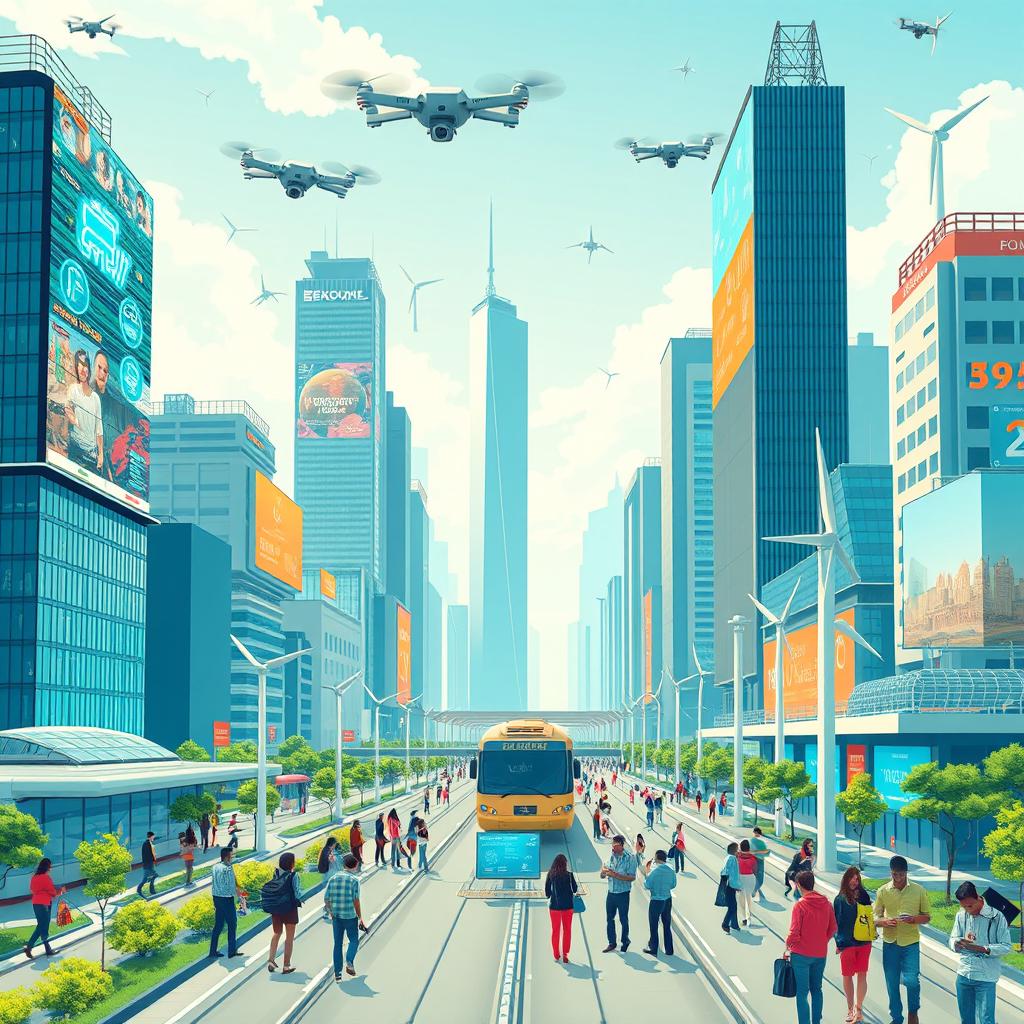 A vibrant, futuristic cityscape showcasing advanced information and communication technology (ICT) development