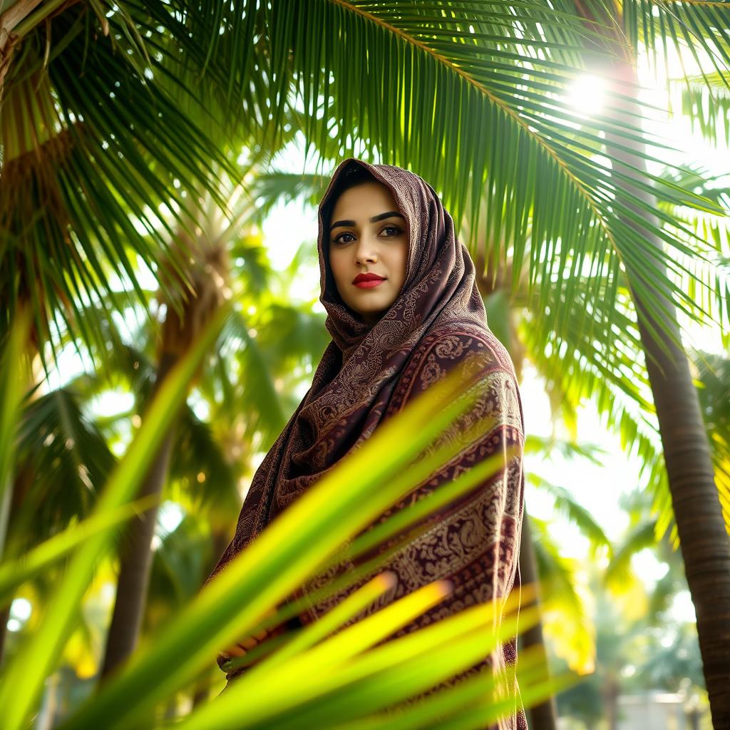 A beautiful Baluch woman wearing a traditional hijab, standing gracefully in a lush palm grove