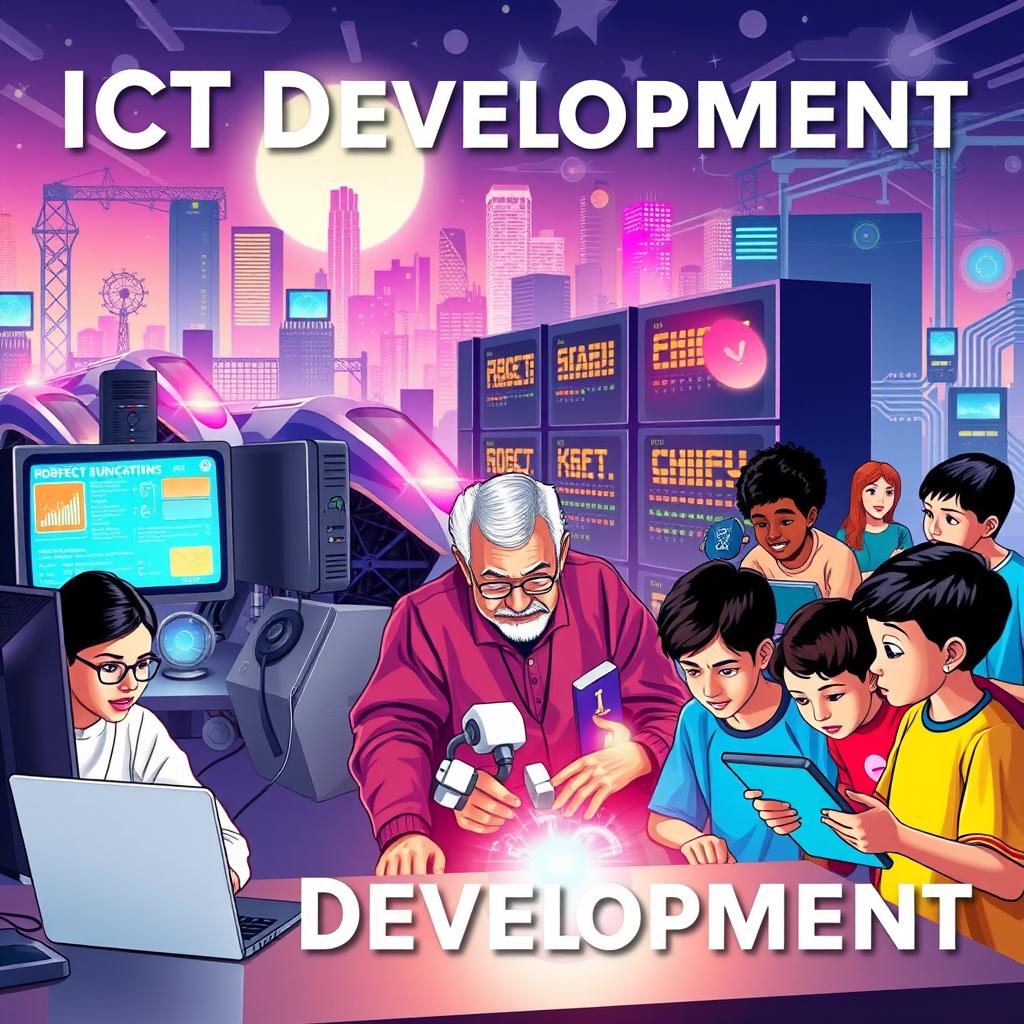 A vibrant and dynamic scene illustrating ICT development, showcasing various technologies like computers, servers, and networking equipment